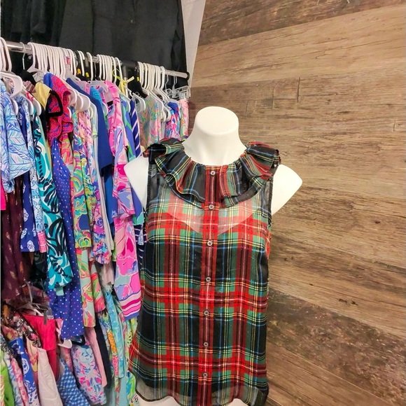 J. Crew Ruffled Red and Green Plaid Sleeveless Tank Top - Picture 1 of 11